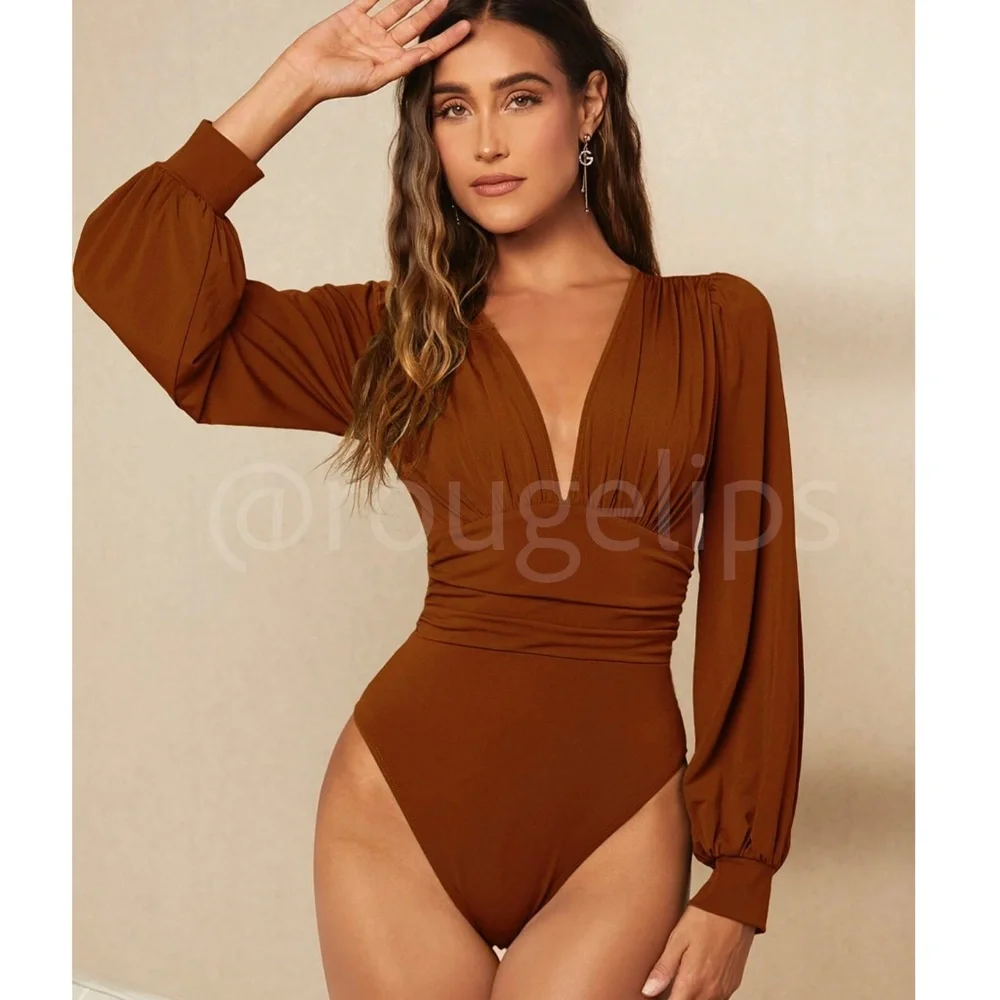 Rusty Brown Elegant V neck Bodysuit Long Bishop Sleeves Stretchy Ruched Waist - Picture 1 of 8